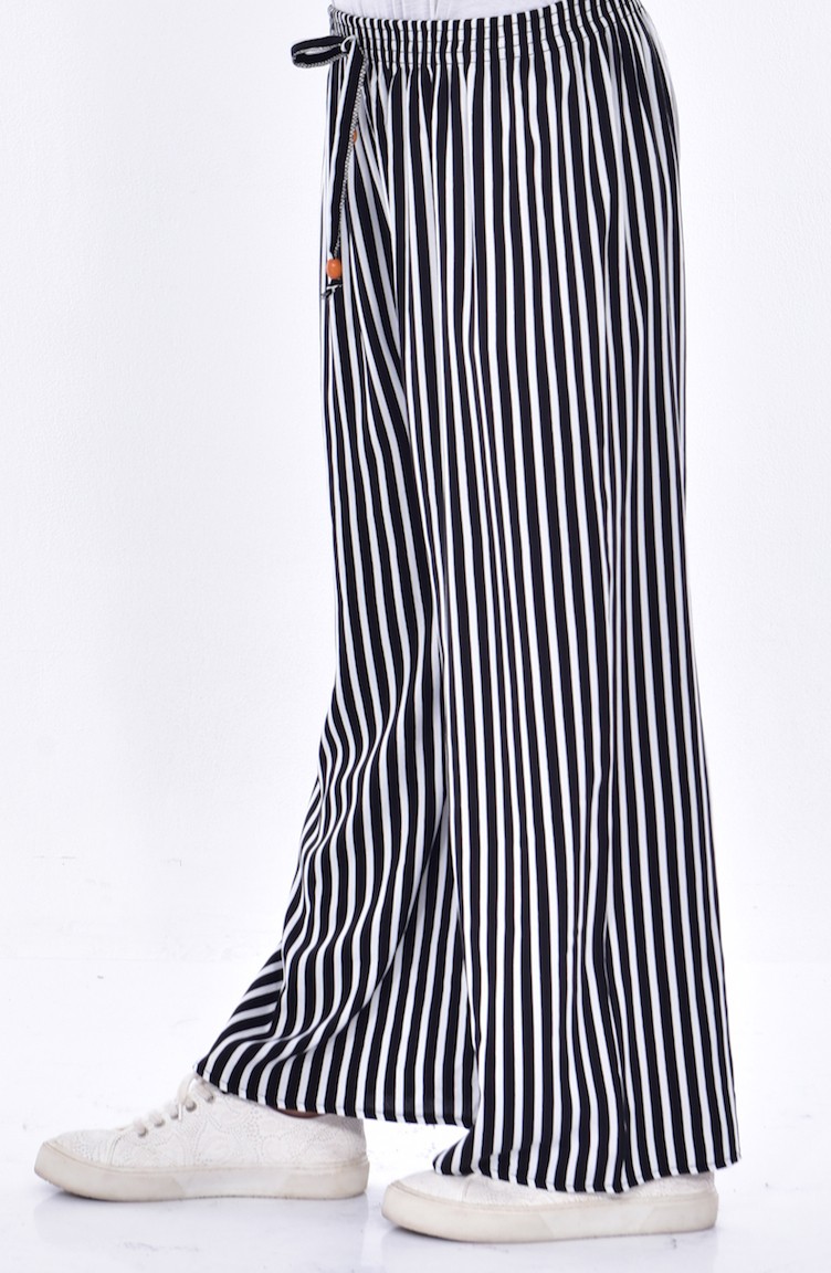 Çizgili Bol Paça Pantolon 4072A-01 Siyah Beyaz | Sefamerve