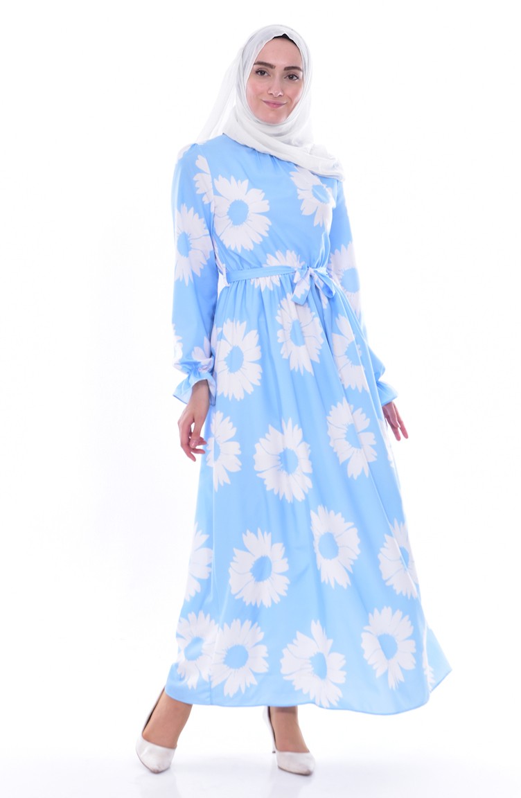 Çiçekli Elbise 4149-02 Mavi Beyaz | Sefamerve