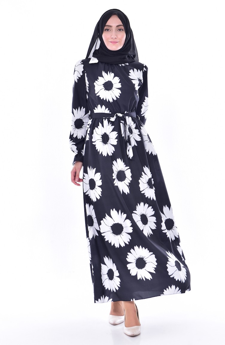 Çiçekli Elbise 4149-01 Siyah Beyaz | Sefamerve