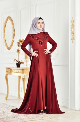 Claret Red Hijab Evening Dress 6104-01