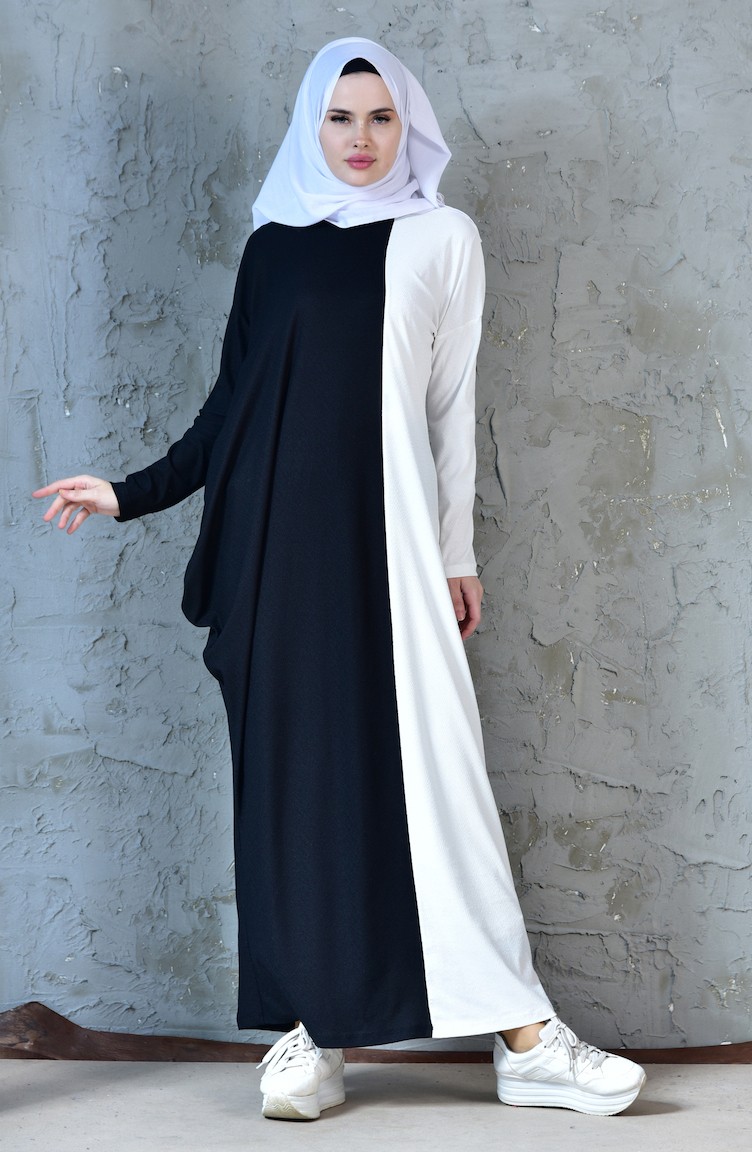 Yarasa Kol Garnili Elbise 9044-01 Siyah Beyaz | Sefamerve