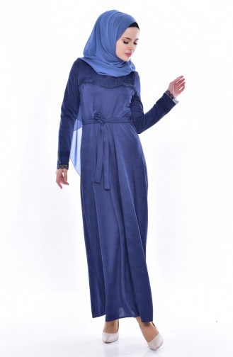 Dantelli Kuşaklı Elbise 1186-02 İndigo