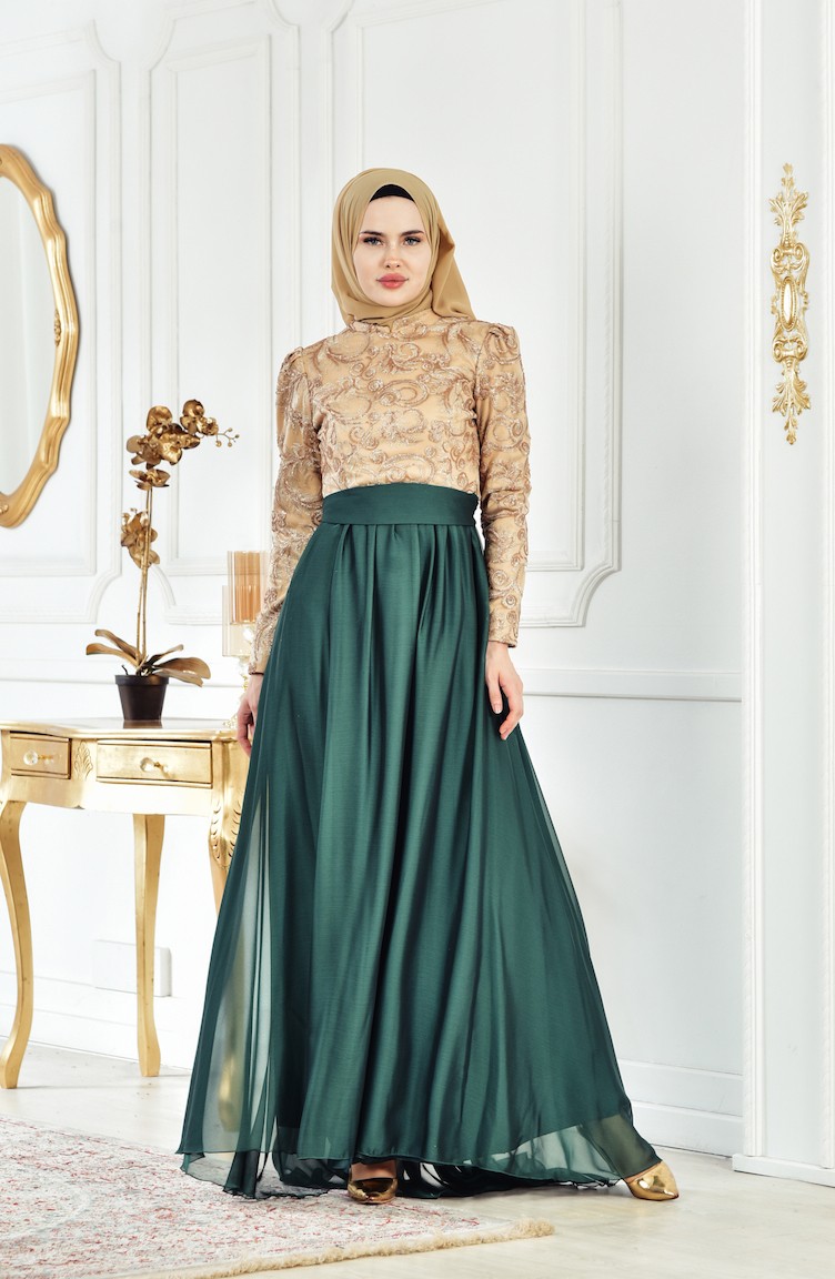 فستان سهرة بتصميم حزام للخصر مُزين بالترتر1102-01لون اخضر زُمردي وذهبي  1102-01 | Sefamerve
