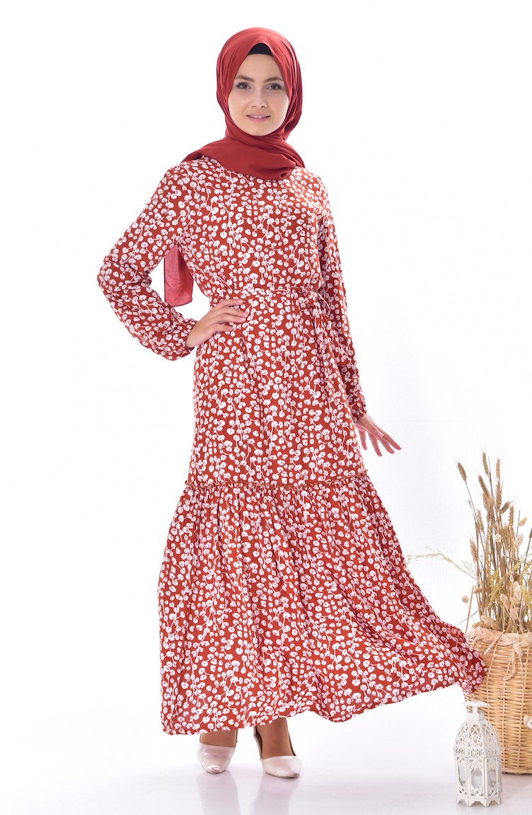 Brick Red Hijab Dress 3867-05 | Sefamerve