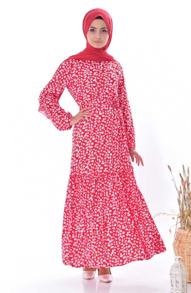 Çiçekli Kuşaklı Elbise 3867-04 Kırmızı | Sefamerve