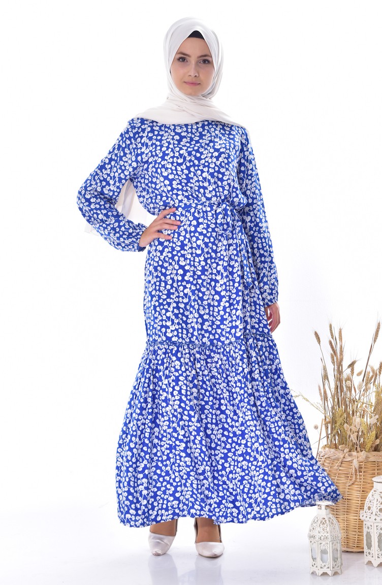 Çiçekli Kuşaklı Elbise 3867-03 Mavi | Sefamerve