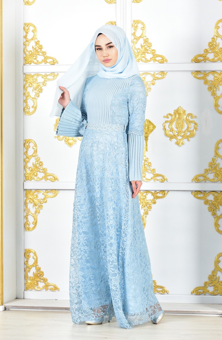 Ice Blue Hijab Evening Dress 6138-06 | Sefamerve