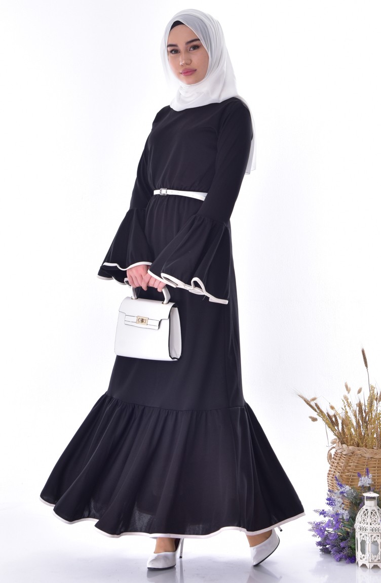 İspanyol Kol Kemerli Elbise 0102-01 Siyah | Sefamerve