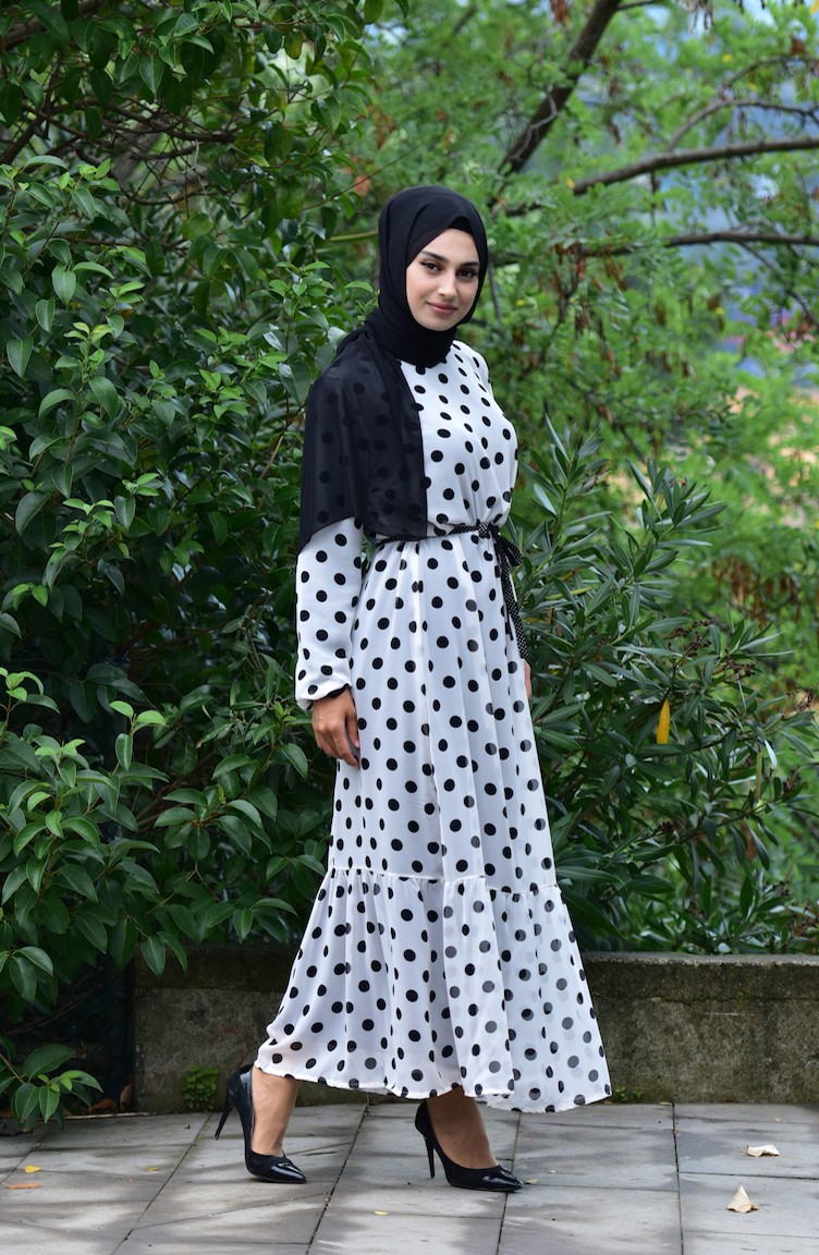 Şifon Puantiyeli Elbise 1436C-01 Beyaz Siyah | Sefamerve
