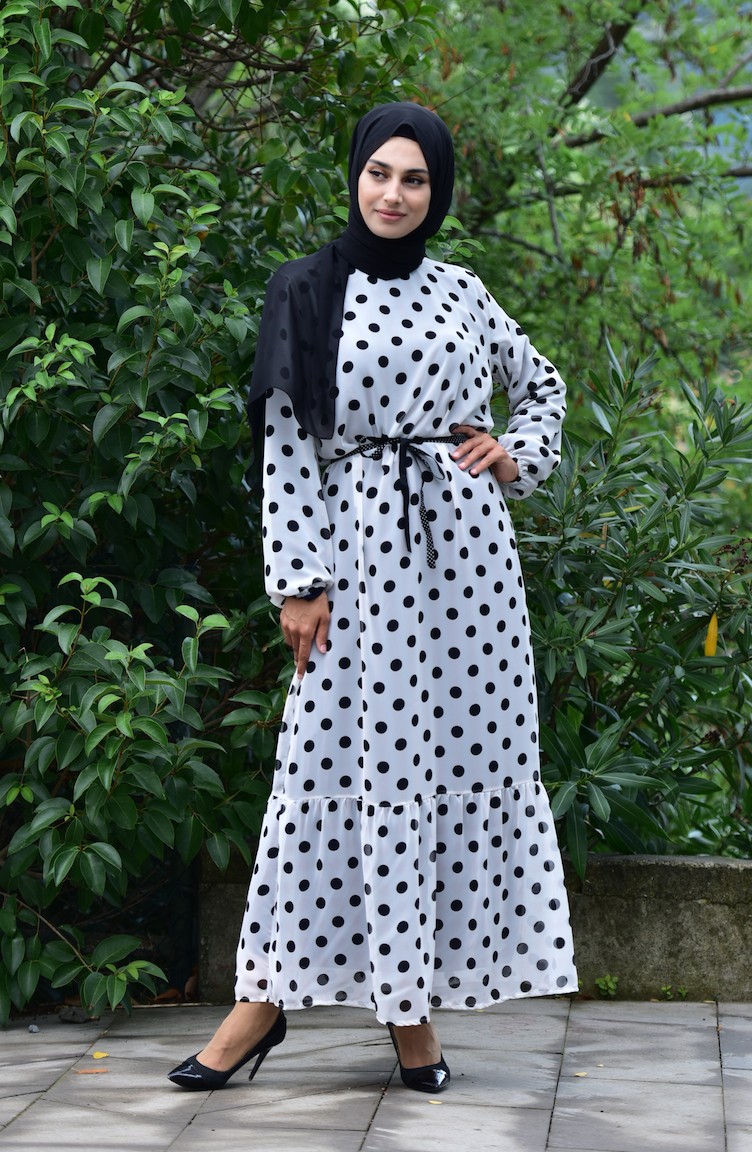Şifon Puantiyeli Elbise 1436C-01 Beyaz Siyah | Sefamerve