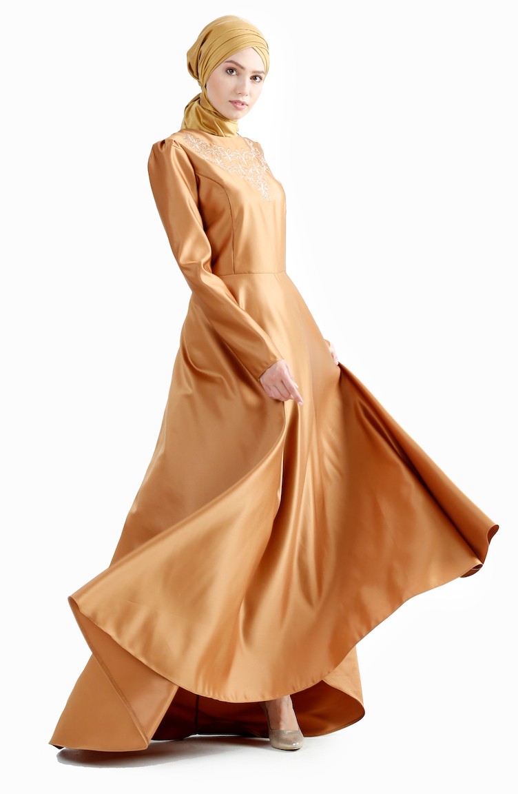 فستان سهرة بتصميم يصل الى ارض7193-01 لون عسلي 7193-01 | Sefamerve