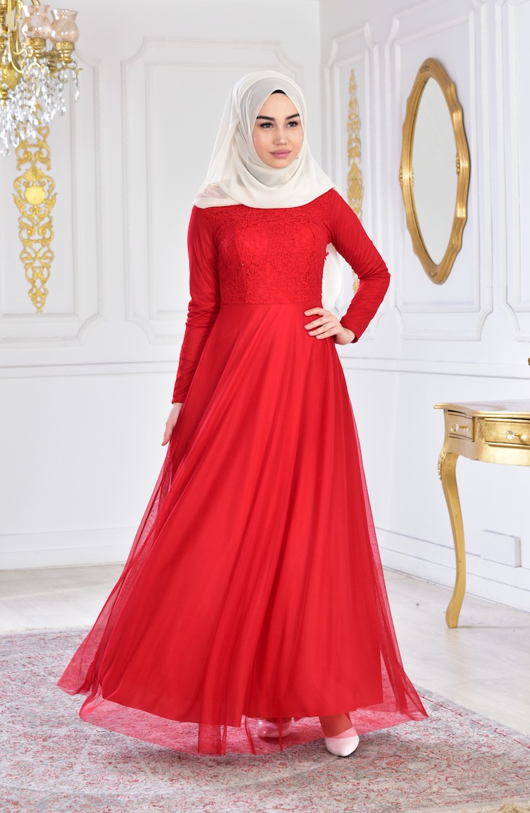 فستان سهرة شيفون بتفاصيل من الدانتيل 3456-03 لون احمر 3456-03 | Sefamerve