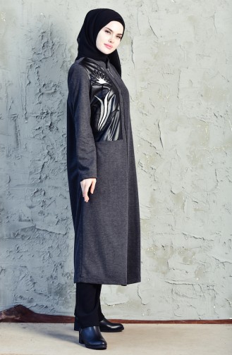 SUKRAN Leather Detailed Long Coat 35794A-02 Anthracite 35794A-02