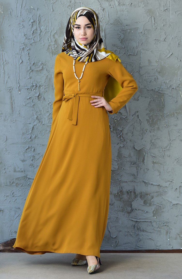 فستان أصفر خردل 4415-01 | Sefamerve