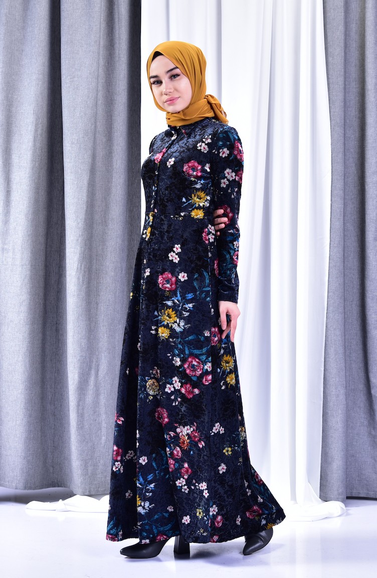 Çiçekli Kadife Elbise 2991-02 Lacivert | Sefamerve