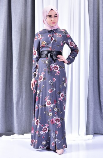 Flower Patterned Dress 2961-03 Dark Gray 2961-03