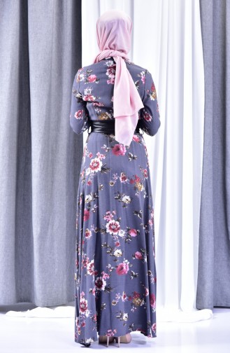 Flower Patterned Dress 2961-03 Dark Gray 2961-03