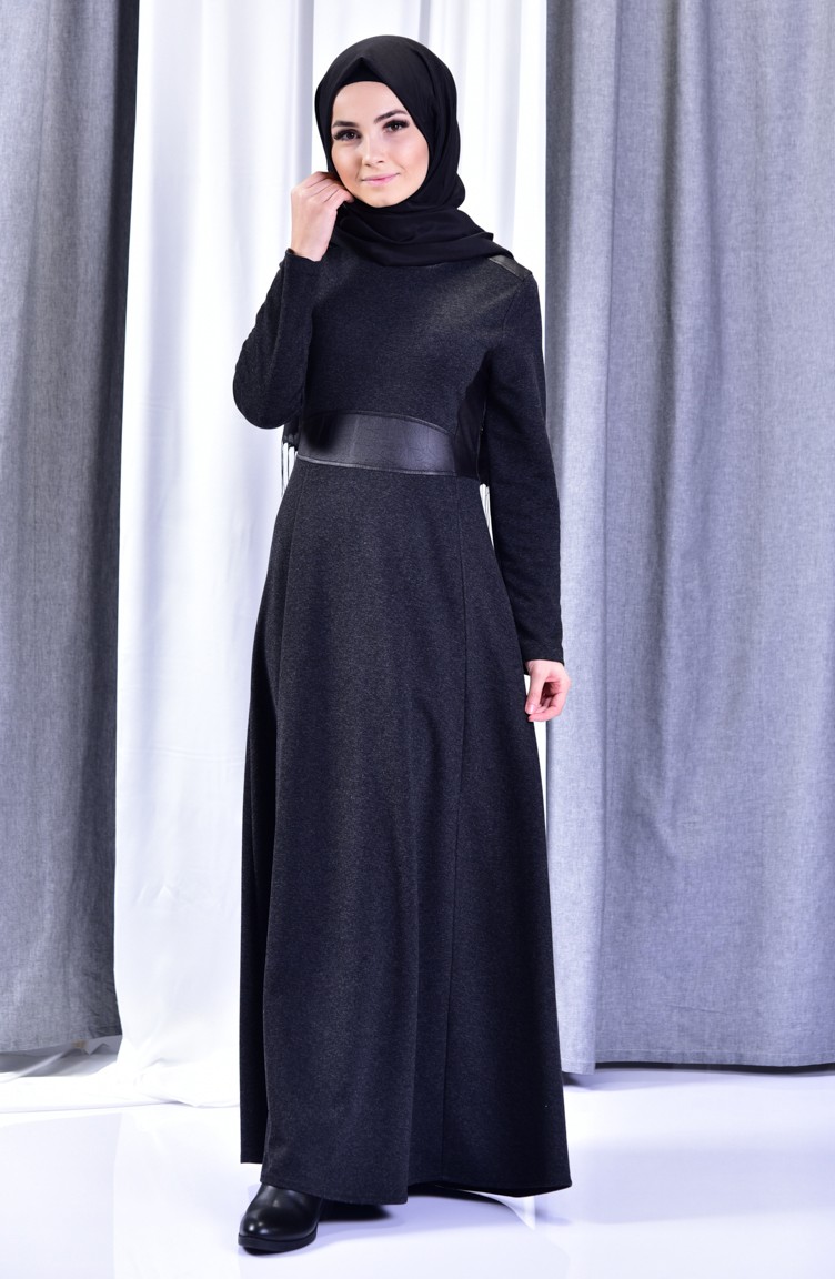 Deri Detaylı Elbise 1520-02 Siyah | Sefamerve