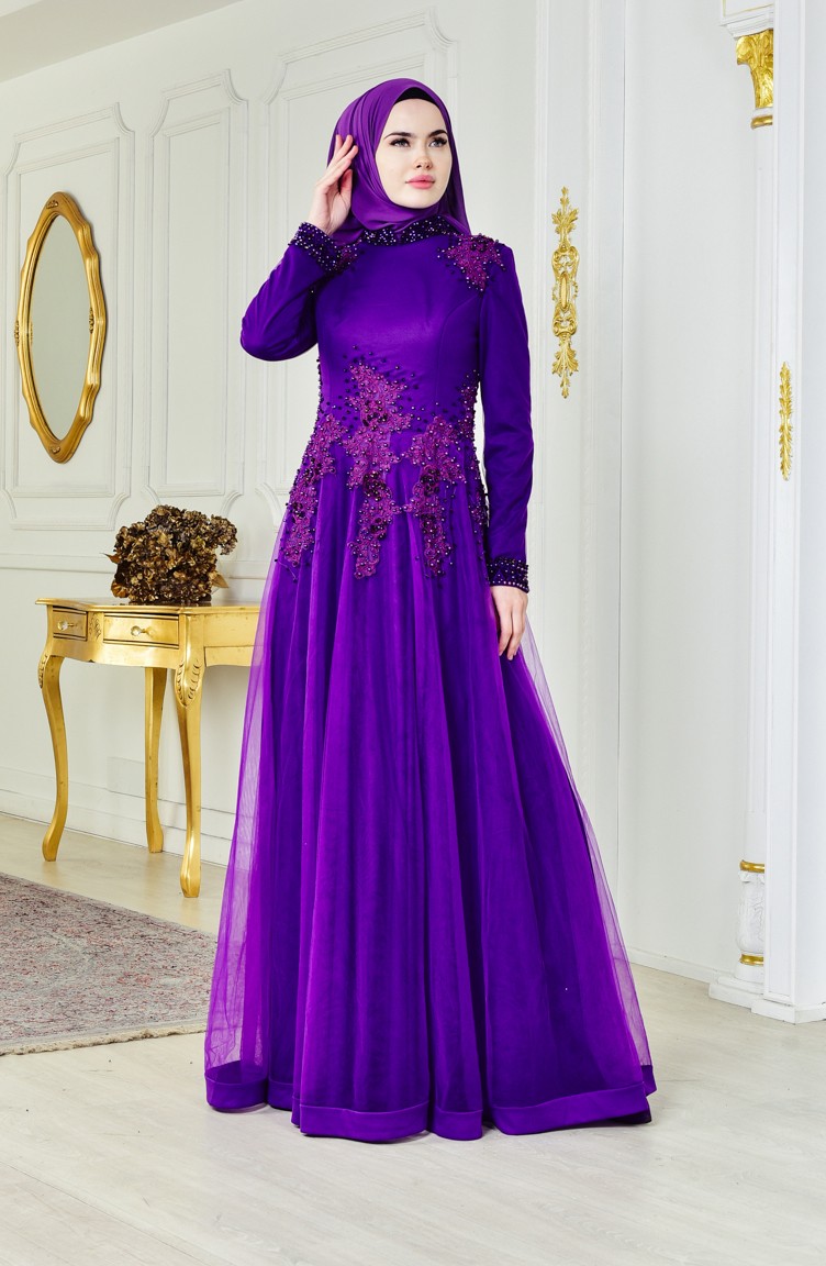 فستان سهرة يتميز تفاصيل من الؤلؤ 3076-01 لون بنفسجي 3076-01 | Sefamerve