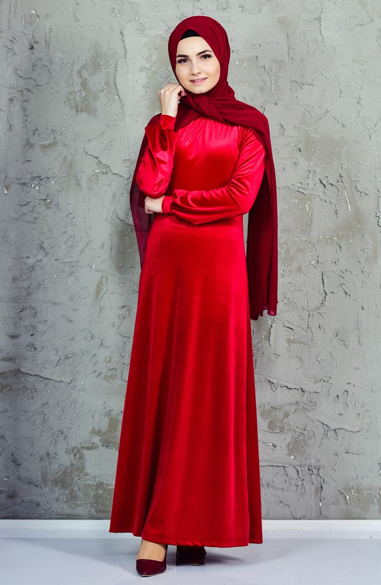 Kadife Elbise 4024-06 Kırmızı | Sefamerve