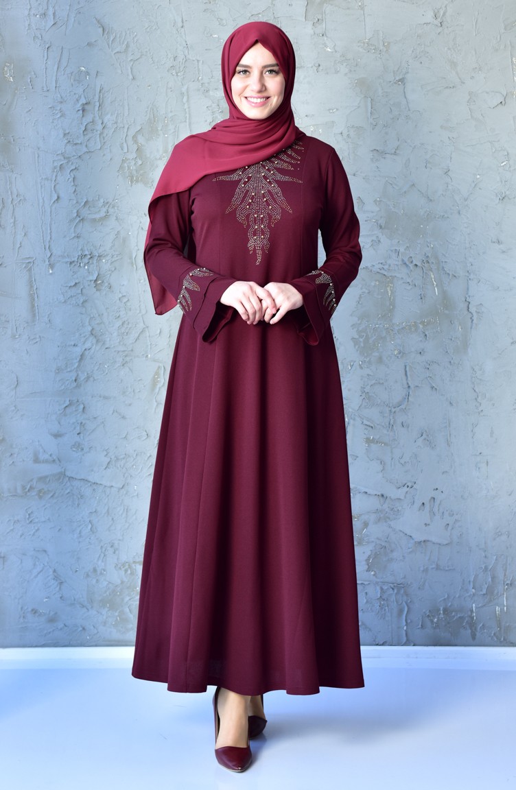 Büyük Beden Taş Baskılı Elbise 1033-05 Bordo | Sefamerve