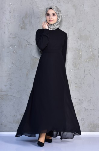 Kuşaklı Şifon Elbise 0007-01 Siyah