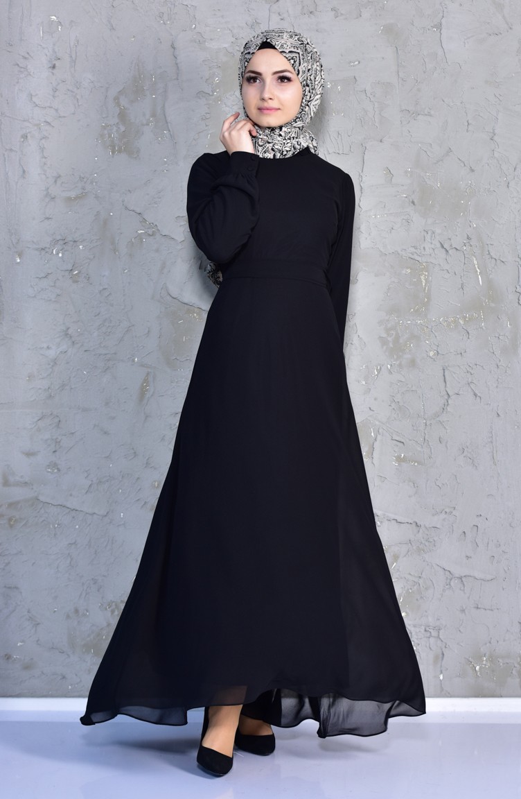 Kuşaklı Şifon Elbise 0007-01 Siyah | Sefamerve