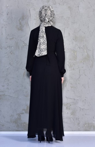 Kuşaklı Şifon Elbise 0007-01 Siyah