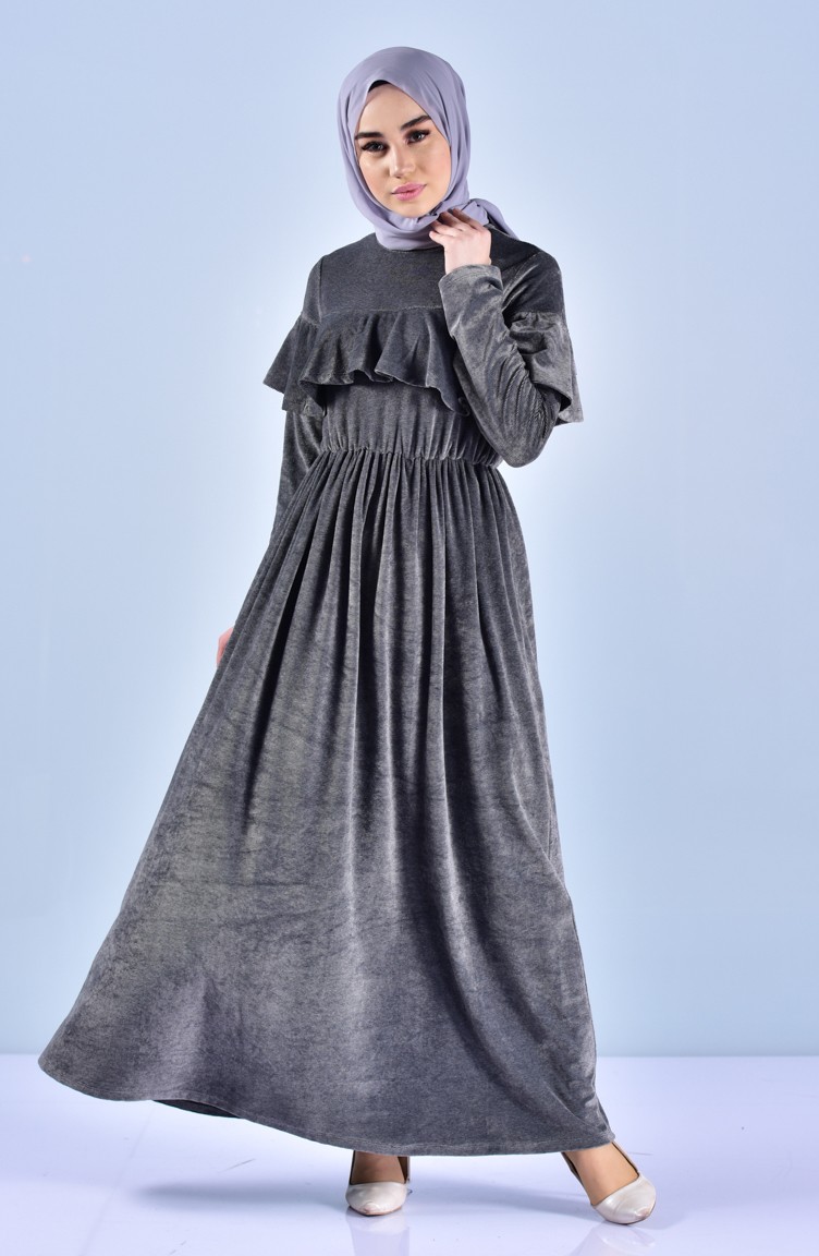 Kadife Fırfırlı Elbise 0048-04 Gri | Sefamerve