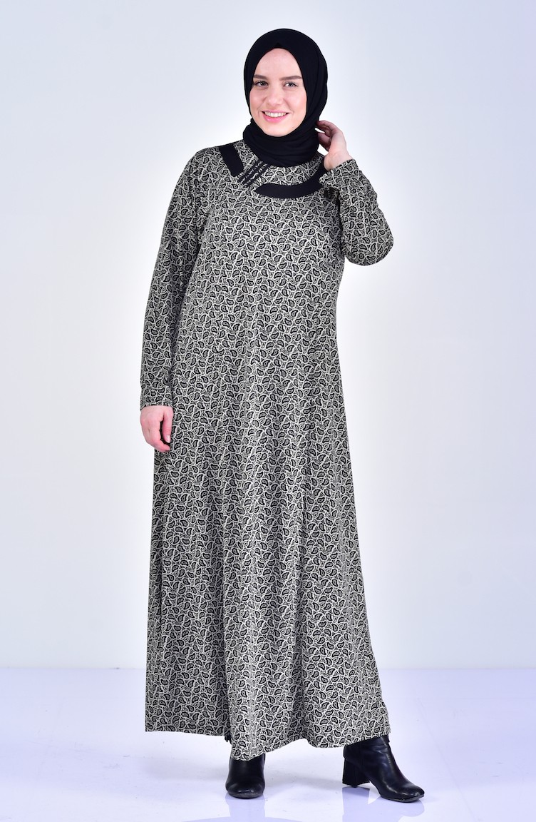 Büyük Beden Desenli Elbise 4395D-01 Siyah Bej | Sefamerve