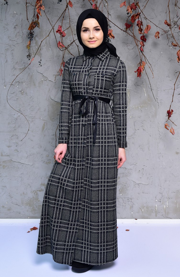 Düğmeli Kışlık Elbise 2038-01 Siyah Gri | Sefamerve