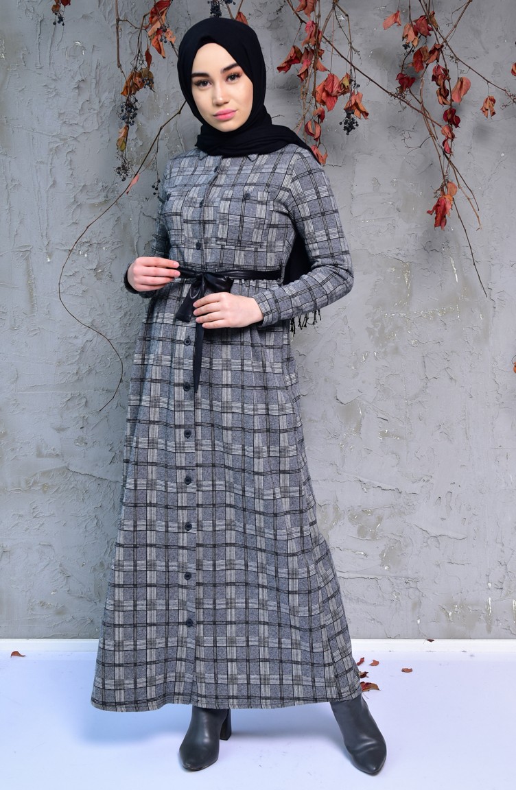 Düğmeli Kışlık Elbise 2038D-01 Koyu Gri | Sefamerve