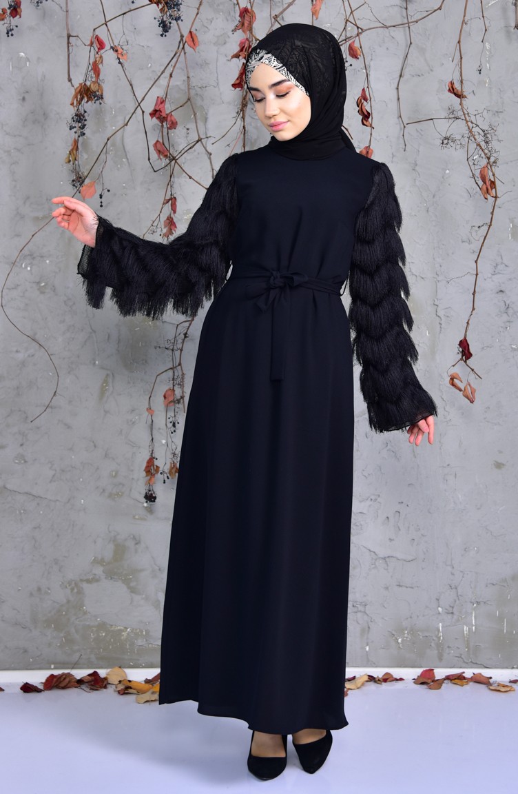 Payet Püsküllü Elbise 60695A-01 Siyah | Sefamerve
