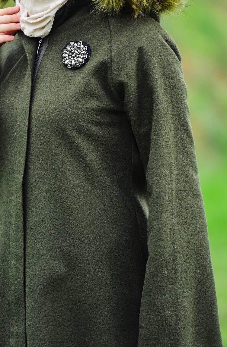 بورون معطف صوف بتصميم موصول بقبعة 0602-01 لون أخضر كاكي 0602-01 | Sefamerve