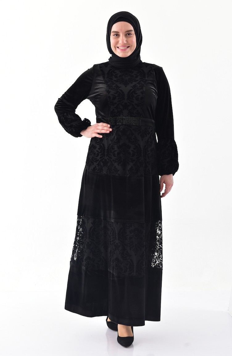 Büyük Beden Flok Baskılı Kadife Elbise 40377-04 Siyah | Sefamerve
