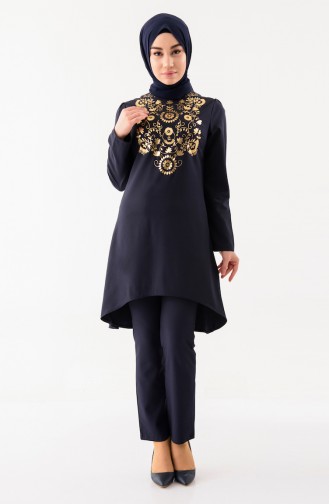 MISS VALLE Foil Printed Tunic Trousers Double Suit 0221-04 Navy Blue 0221-04