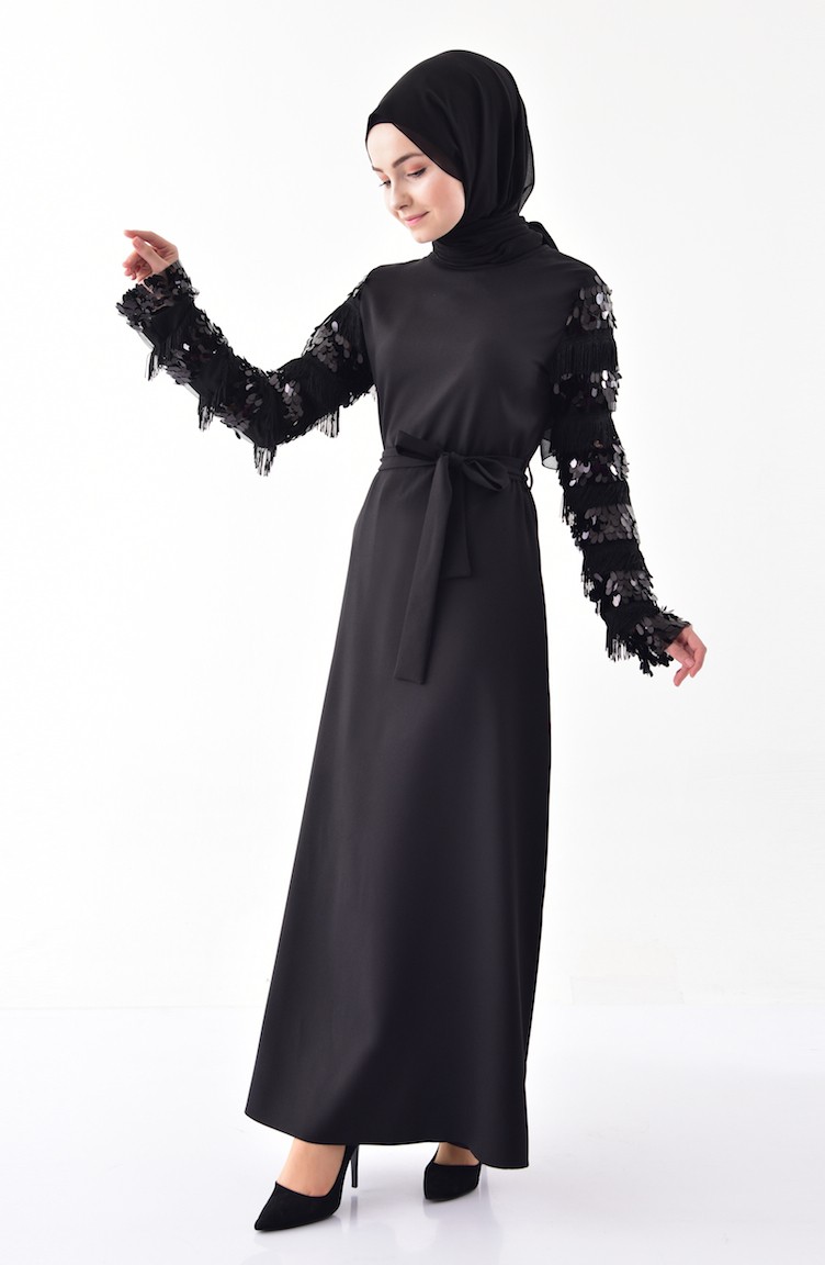 Pullu Kuşaklı Elbise 81640-05 Siyah | Sefamerve