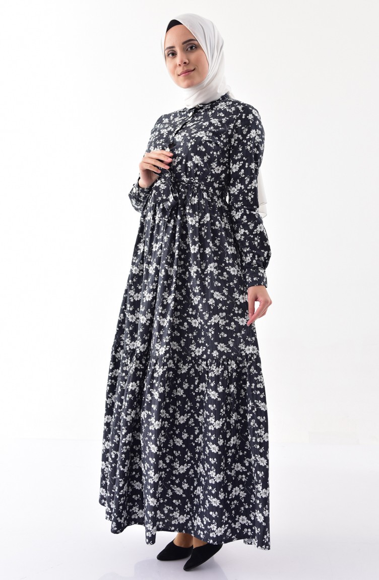 Patterned Belted Dress 2021-01 Black 2021-01 | Sefamerve