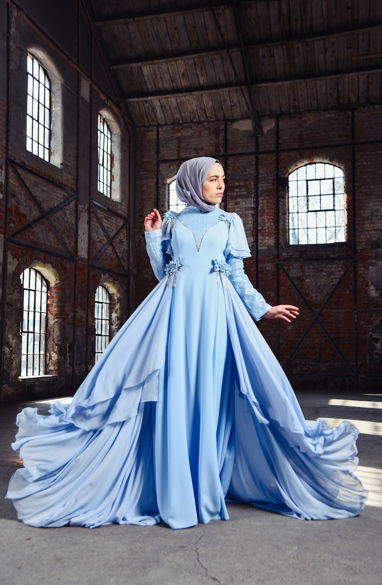 Babyblau Hijab-Abendkleider 7024-01 | Sefamerve