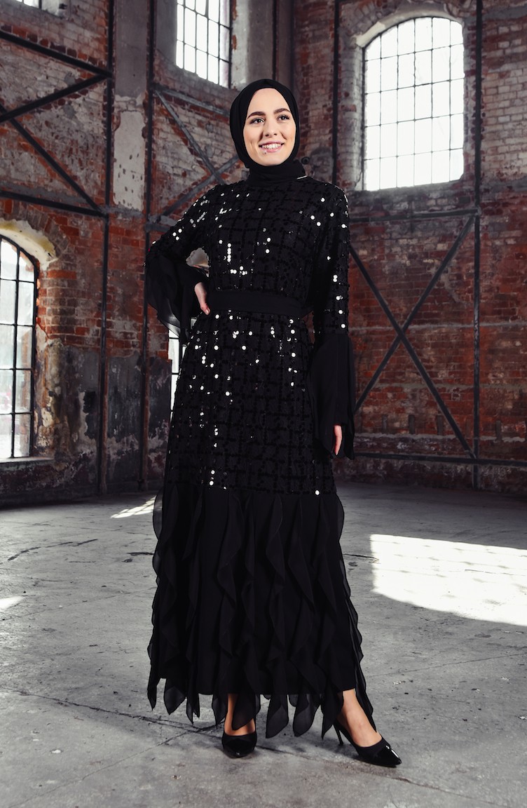 Payetli Fırfırlı Elbise 0189-01 Siyah | Sefamerve