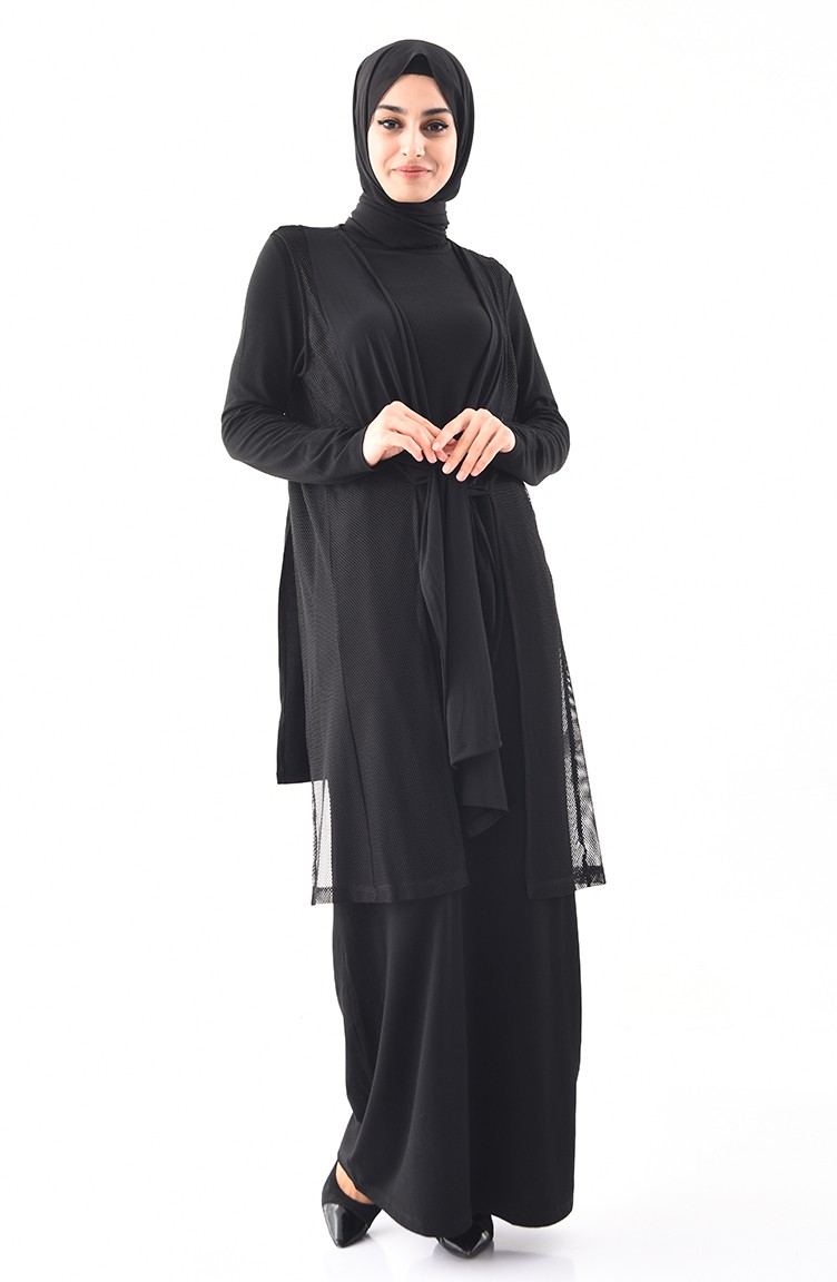Fileli Yelek Elbise İkili Takım 1163-01 Siyah | Sefamerve