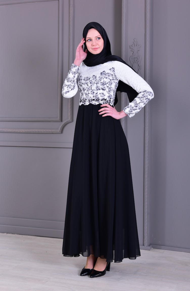 Stone Printed Evening Dress 0165-01 White Black 0165-01 | Sefamerve