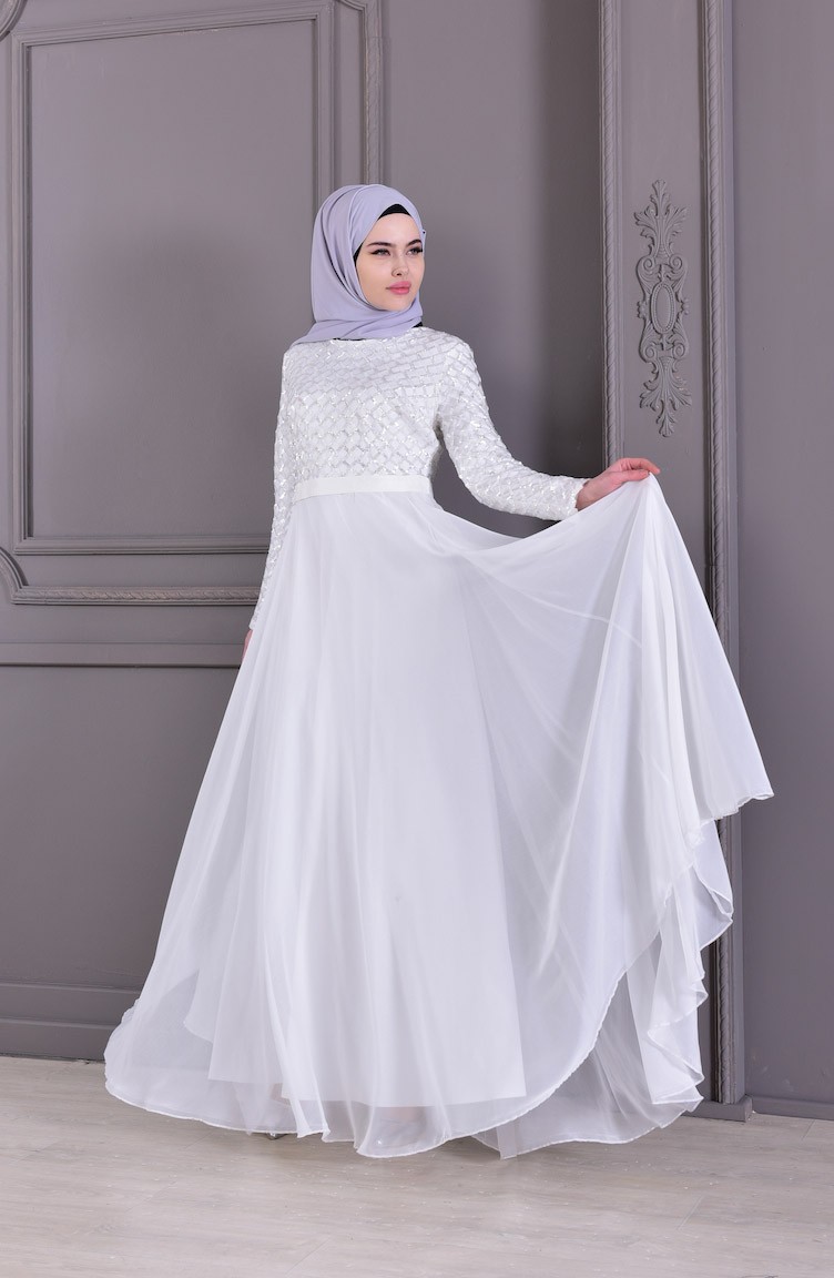 فساتين سهرة بتصميم اسلامي أبيض 8127-07 | Sefamerve
