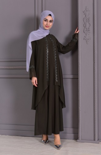 ميتيكس فستان سهرة بتصميم مُطبع بأحجار لامعة و بمقاسات كبيرة 1102-03 لون أخضر كاكي 1102-03