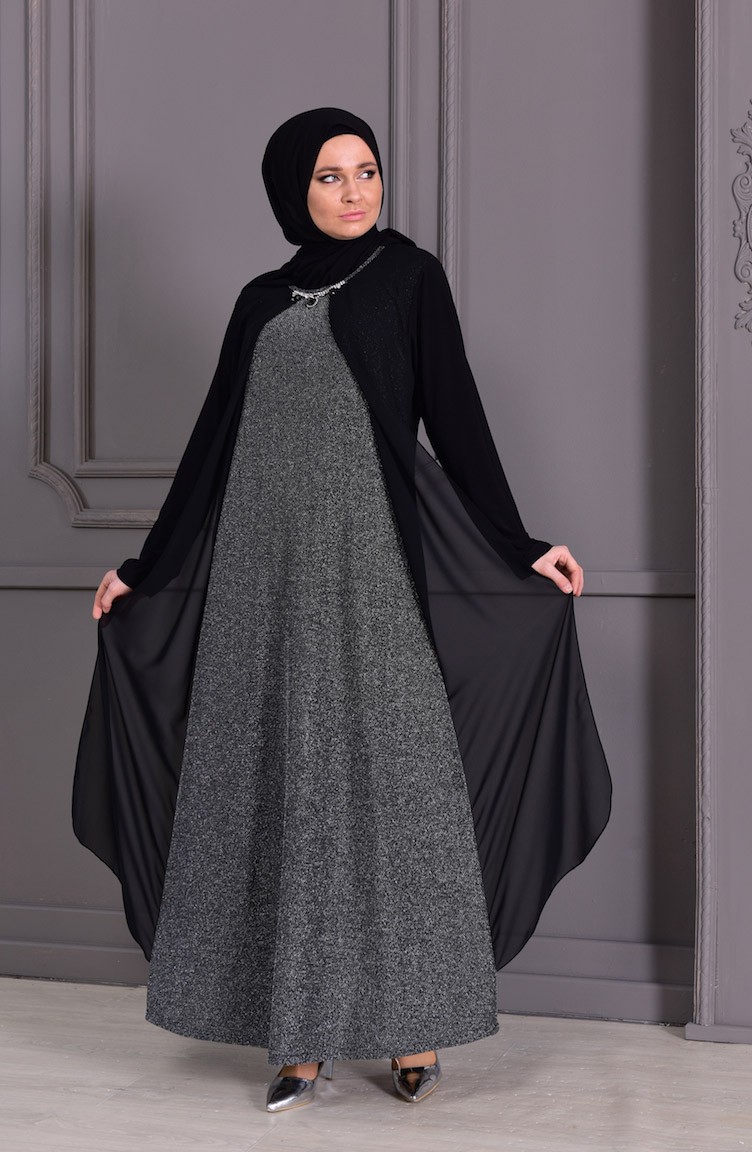 Büyük Beden Kolye Detaylı Simli Abiye Elbise 1116-01 Siyah Gümüş | Sefamerve