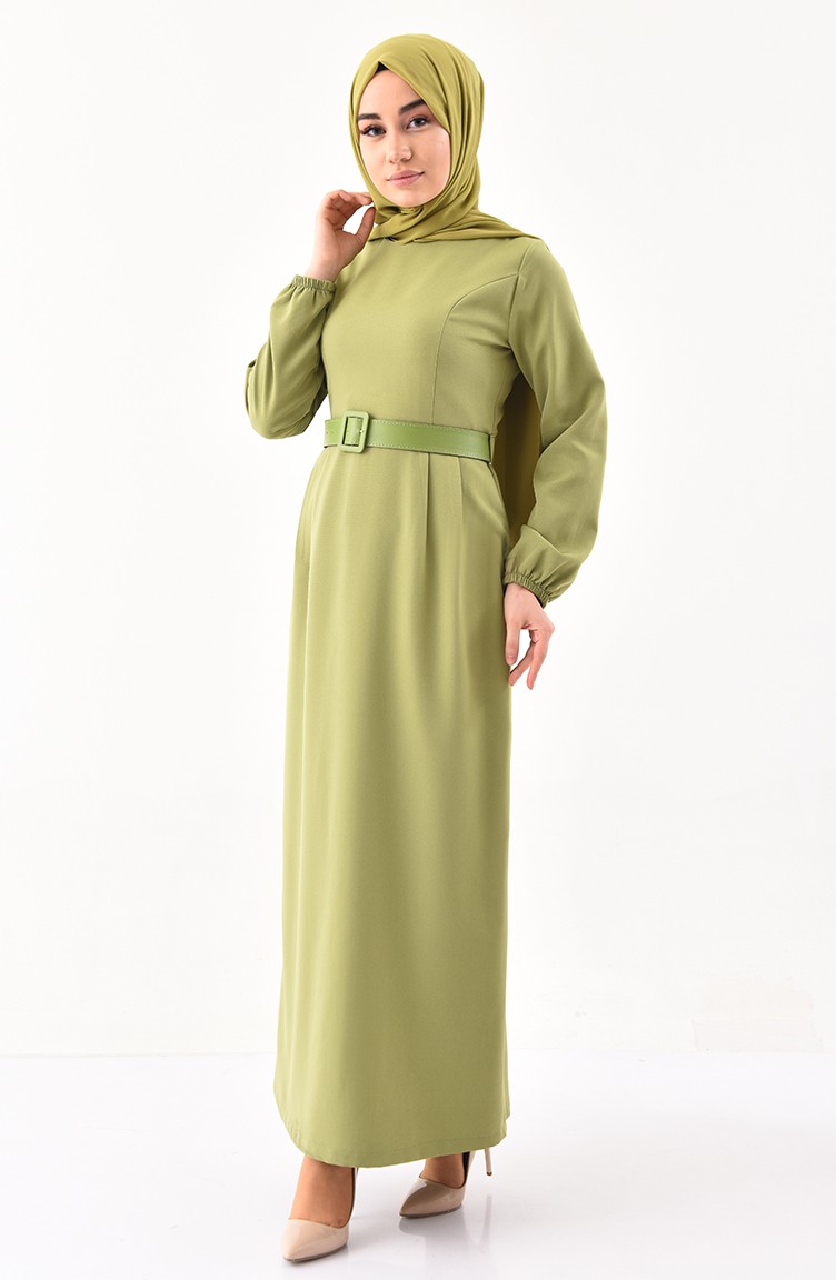 فستان بتصميم حزام للخصر 2051-06 لون أخضر فستقي 2051-06 | Sefamerve