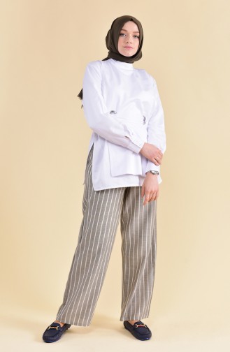 Linen Striped Plenty leg Pants 0268-02 Khaki 0268-02