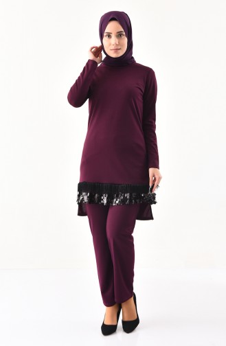 Tassel Sequined Blouse Pants Binary Suit 9059-04 Purple 9059-04