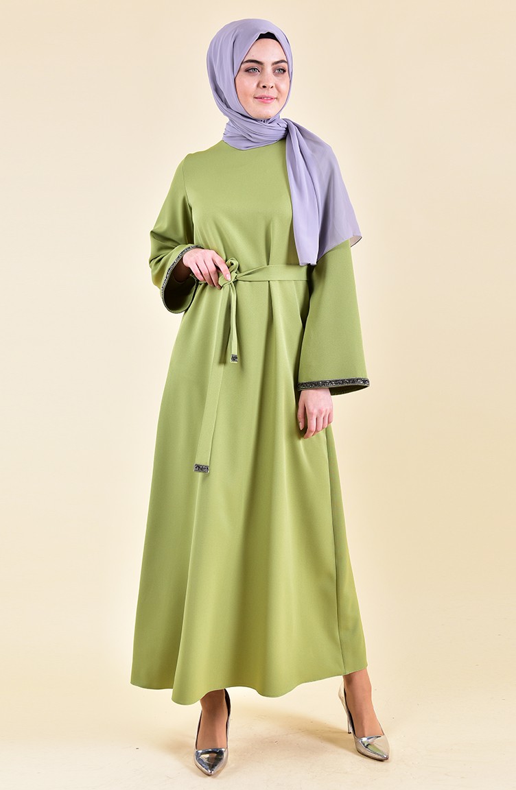 فستان بتصميم حزام للخضر واحجار لامعة 0887-03 لون اخضر فستقي 0887-03 |  Sefamerve