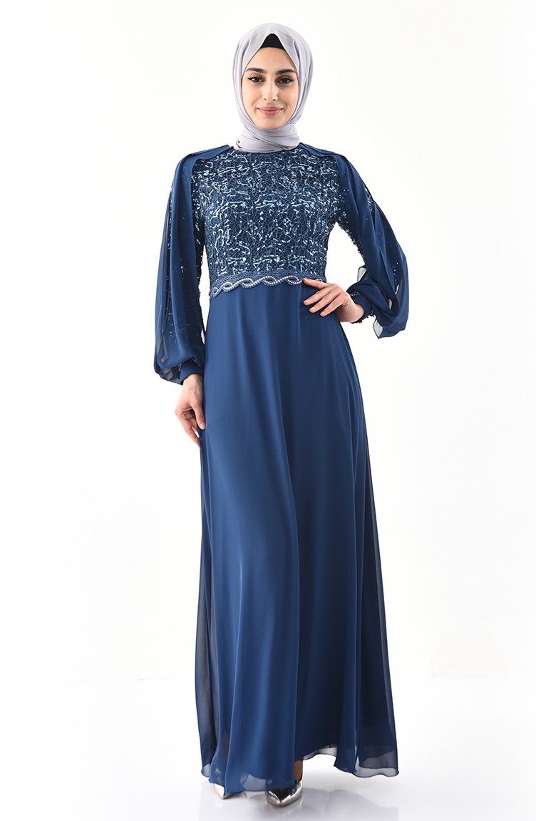 فستان سهرة بتصميم موصول بقطعة شيفون 52736-01 لون بترولي 52736-01 | Sefamerve